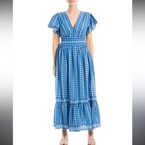 MAX STUDIO Flutter Sleeve V-Neck Tiered Maxi Dress — BLUE — XL — NWT